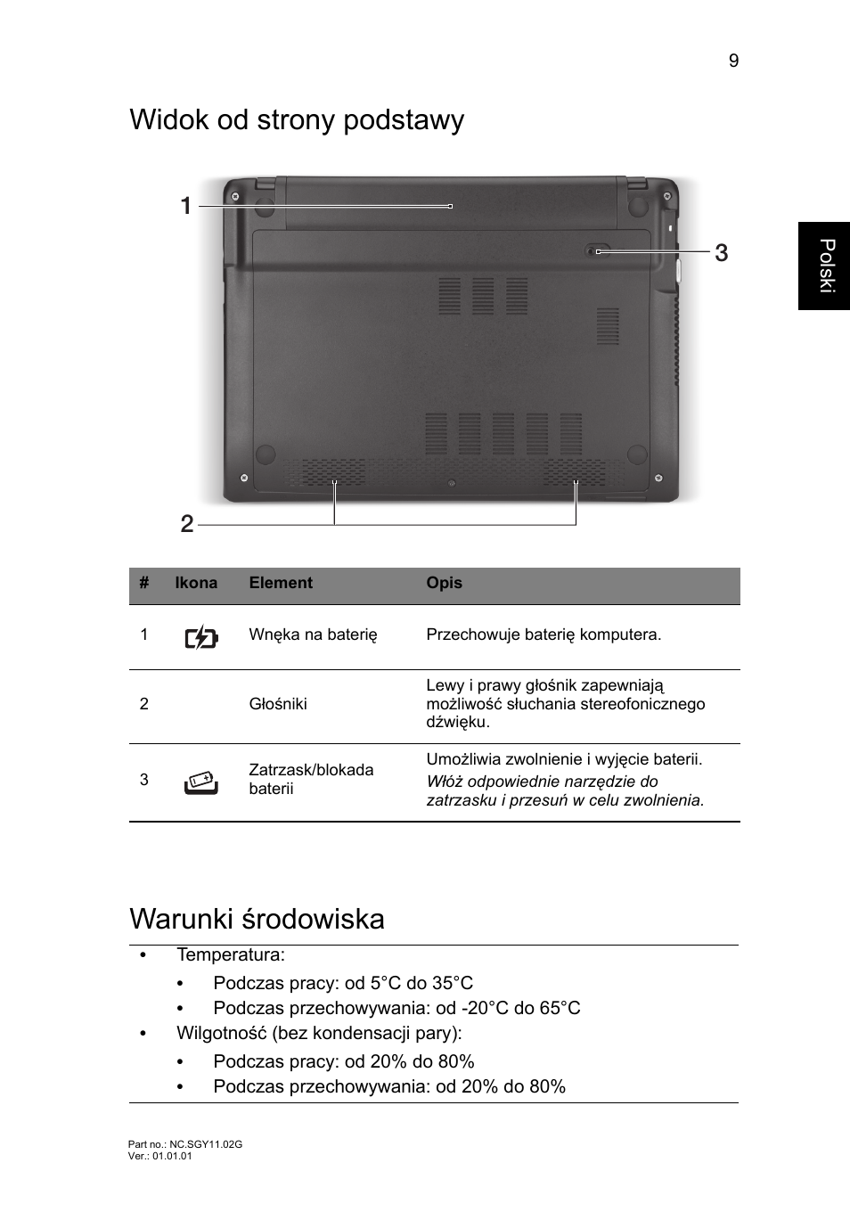 Widok od strony podstawy, Warunki środowiska, Widok od strony podstawy warunki środowiska | Acer AO756 User Manual | Page 131 / 282