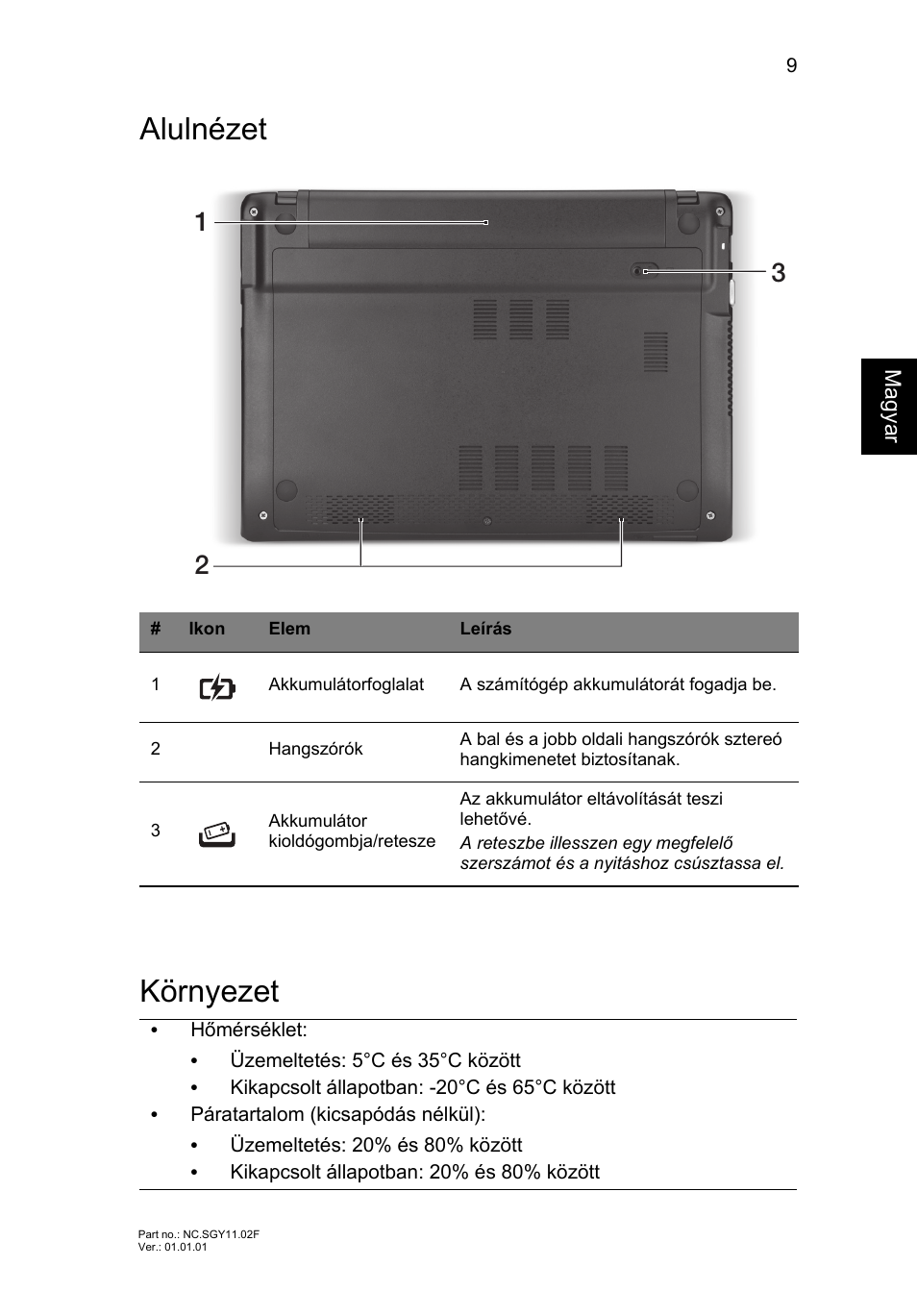 Alulnézet, Környezet, Alulnézet környezet | Acer AO756 User Manual | Page 141 / 282