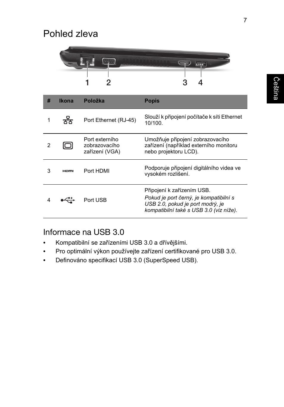 Pohled zleva, Informace na usb 3.0 | Acer AO756 User Manual | Page 149 / 282