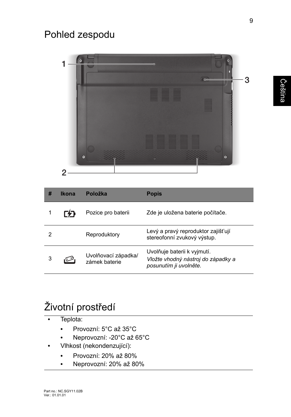 Pohled zespodu, Životní prostředí, Pohled zespodu životní prostředí | Acer AO756 User Manual | Page 151 / 282