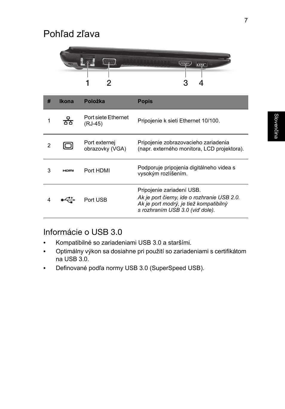 Pohľad zľava, Informácie o usb 3.0 | Acer AO756 User Manual | Page 159 / 282