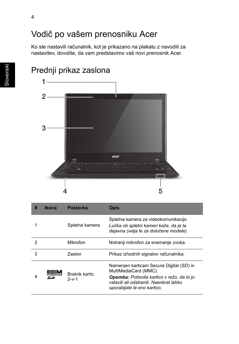 Vodič po vašem prenosniku acer, Prednji prikaz zaslona | Acer AO756 User Manual | Page 166 / 282