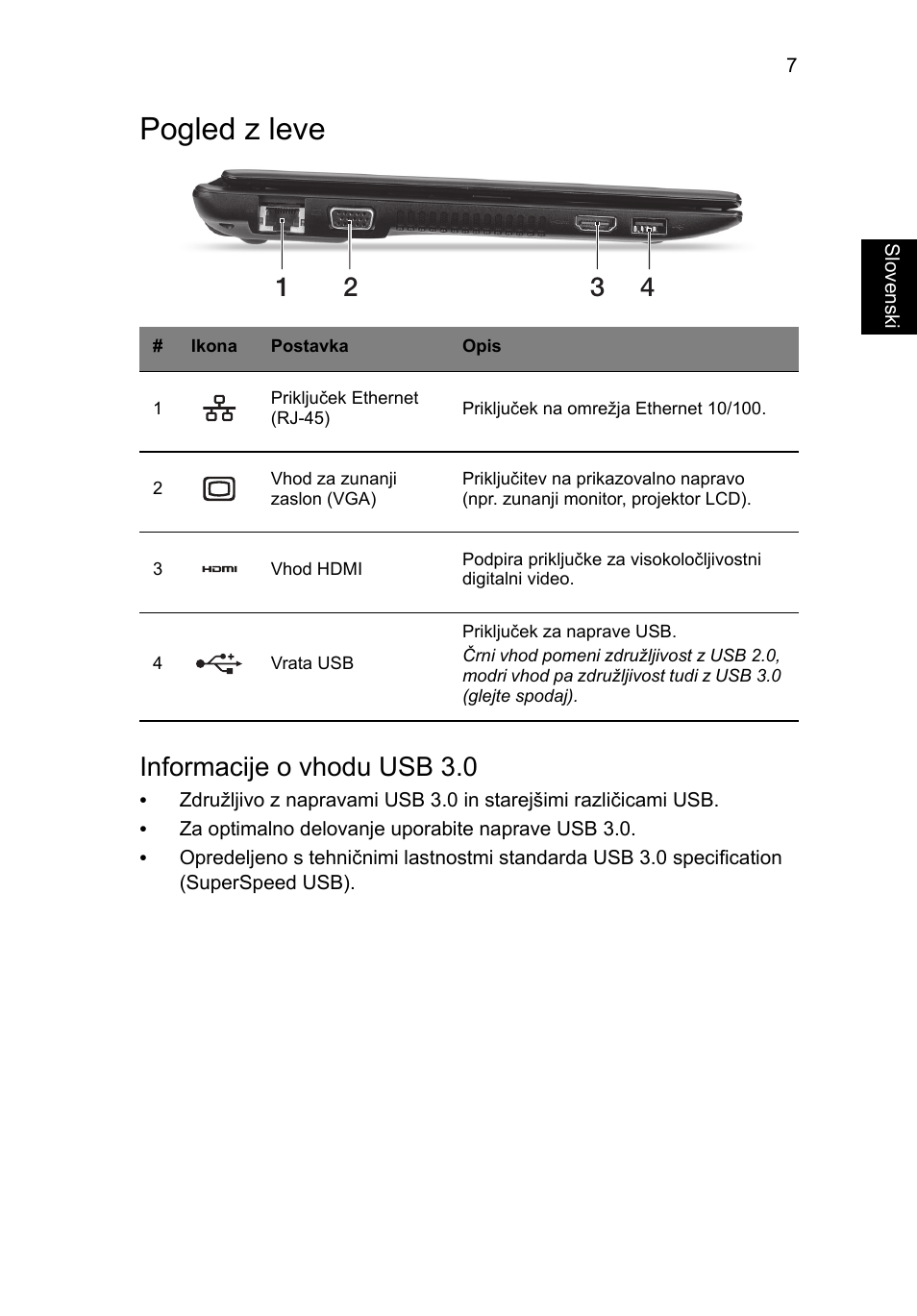 Pogled z leve, Informacije o vhodu usb 3.0 | Acer AO756 User Manual | Page 169 / 282