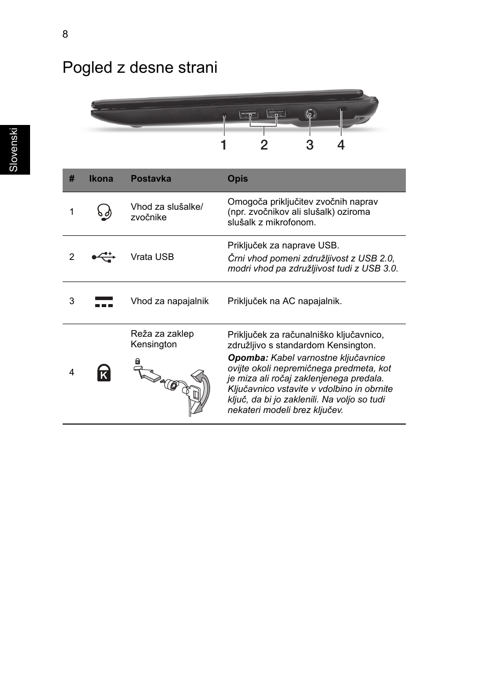 Pogled z desne strani | Acer AO756 User Manual | Page 170 / 282