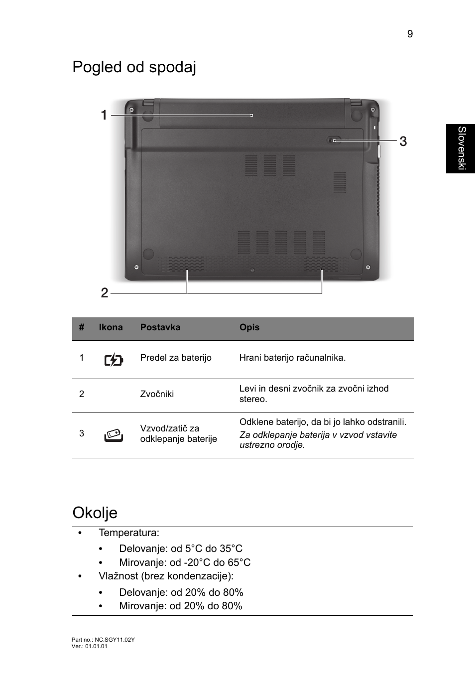 Pogled od spodaj, Okolje, Pogled od spodaj okolje | Acer AO756 User Manual | Page 171 / 282