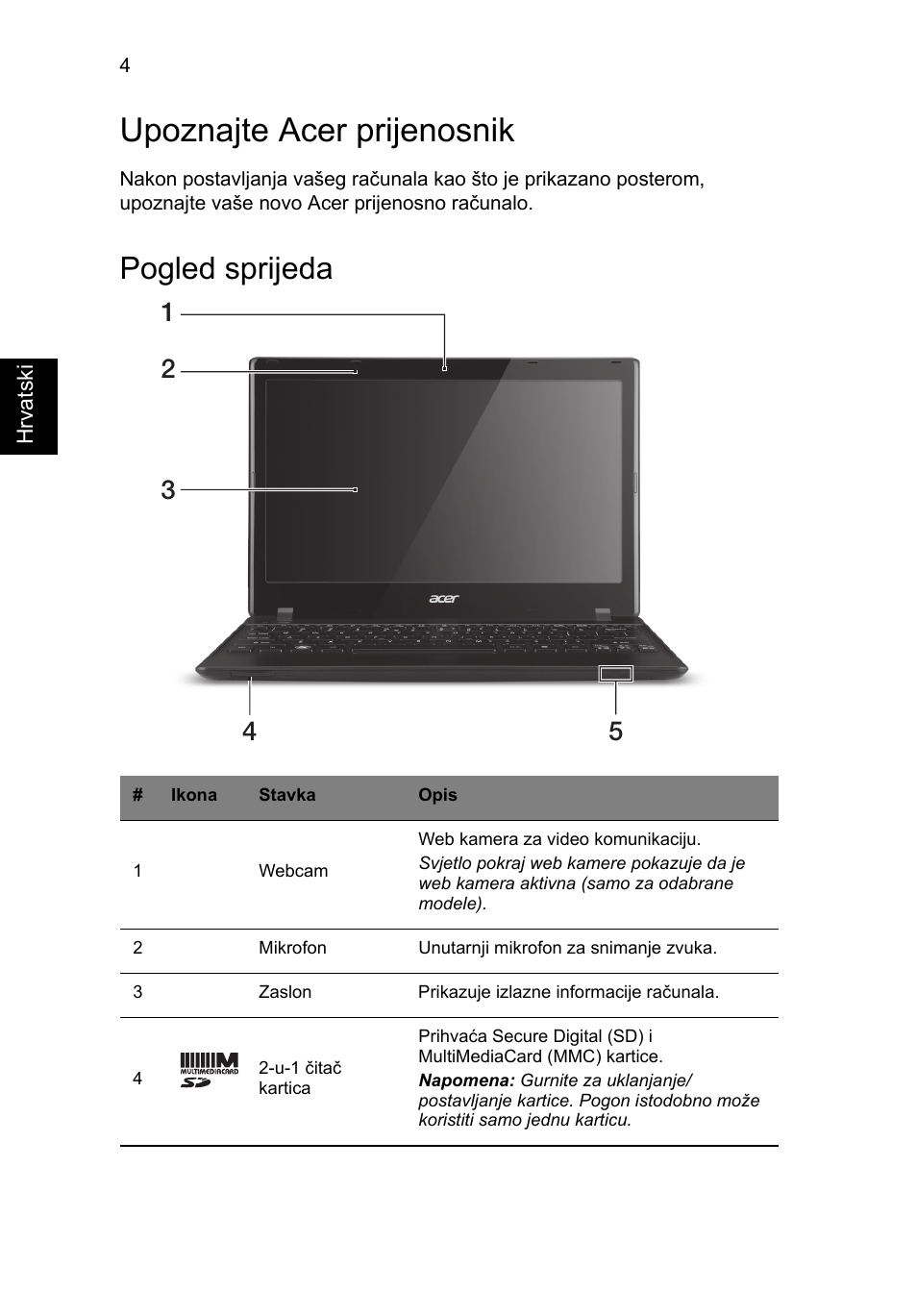 Upoznajte acer prijenosnik, Pogled sprijeda | Acer AO756 User Manual | Page 176 / 282