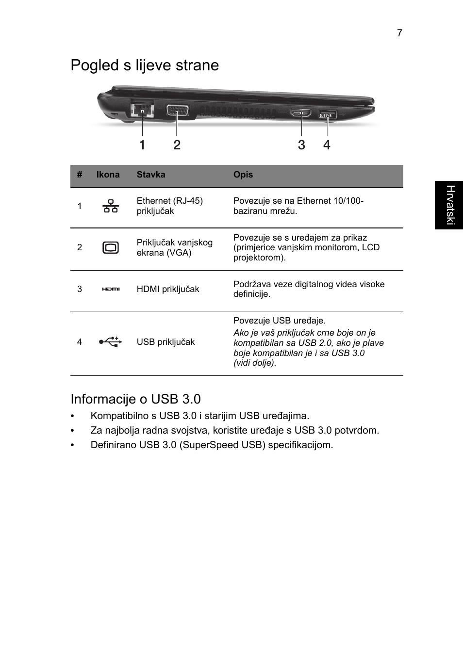 Pogled s lijeve strane, Informacije o usb 3.0 | Acer AO756 User Manual | Page 179 / 282