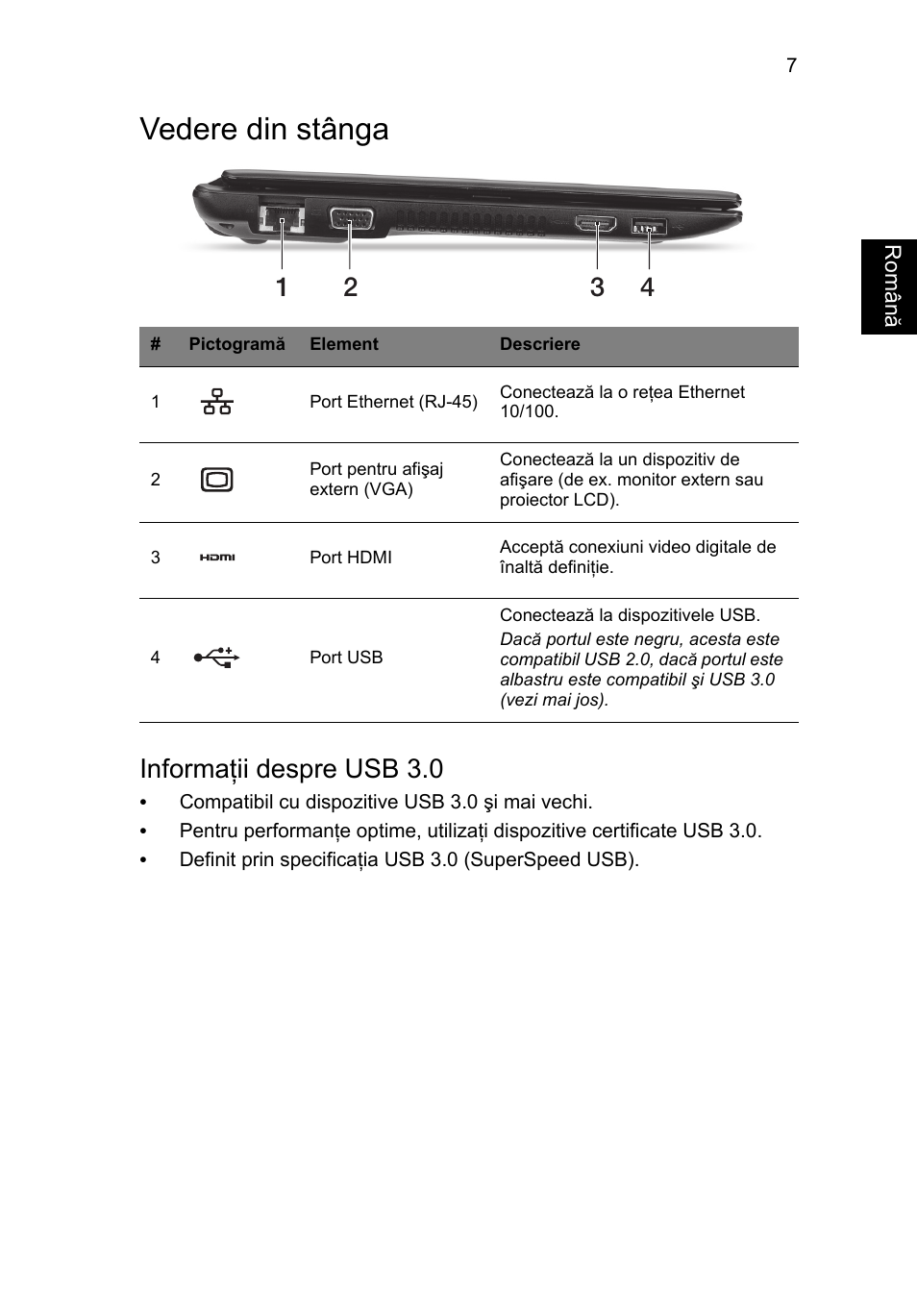 Vedere din stânga, Informaţii despre usb 3.0 | Acer AO756 User Manual | Page 189 / 282