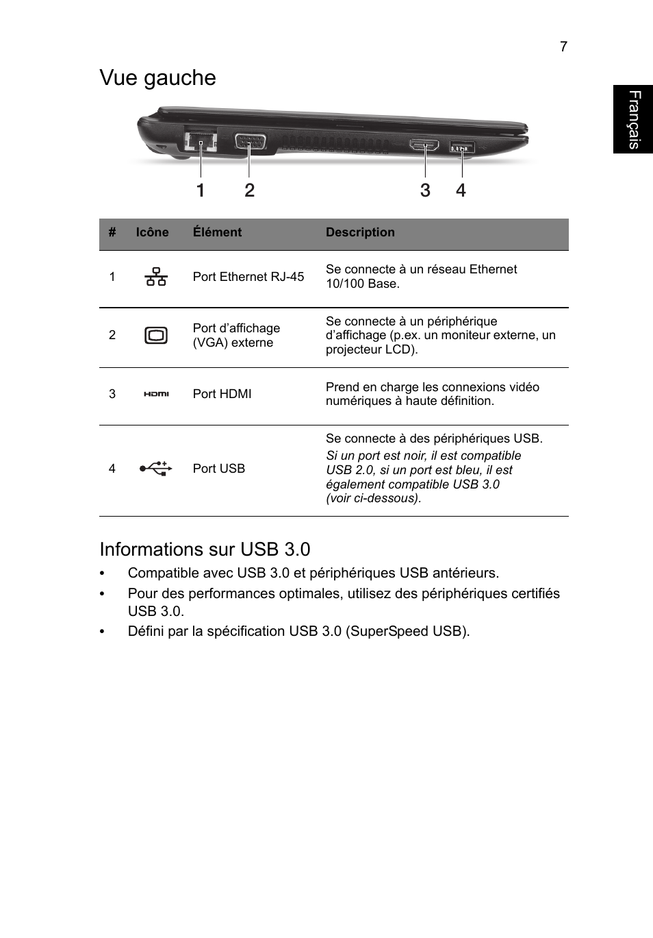 Vue gauche, Français, Informations sur usb 3.0 | Acer AO756 User Manual | Page 19 / 282