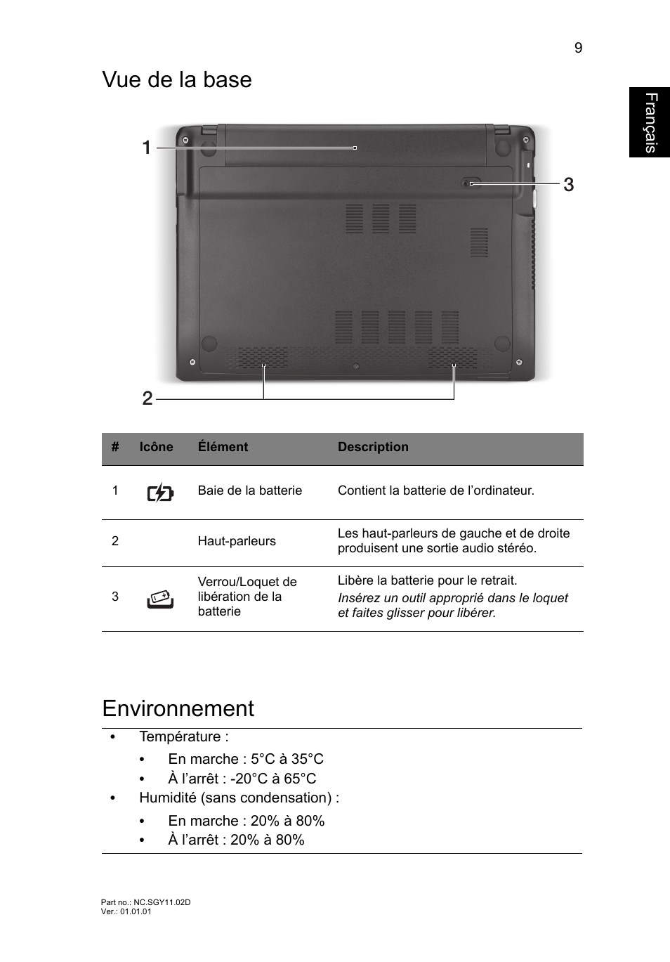 Vue de la base, Environnement, Vue de la base environnement | Français | Acer AO756 User Manual | Page 21 / 282