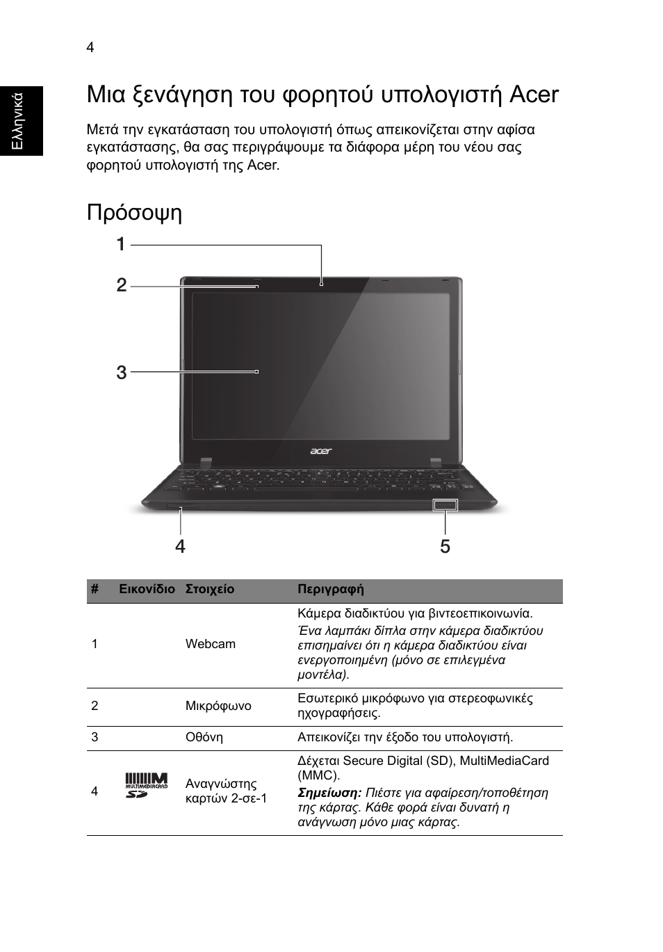 Μια ξενάγηση του φορητού υπολογιστή acer, Πρόσοψη | Acer AO756 User Manual | Page 216 / 282