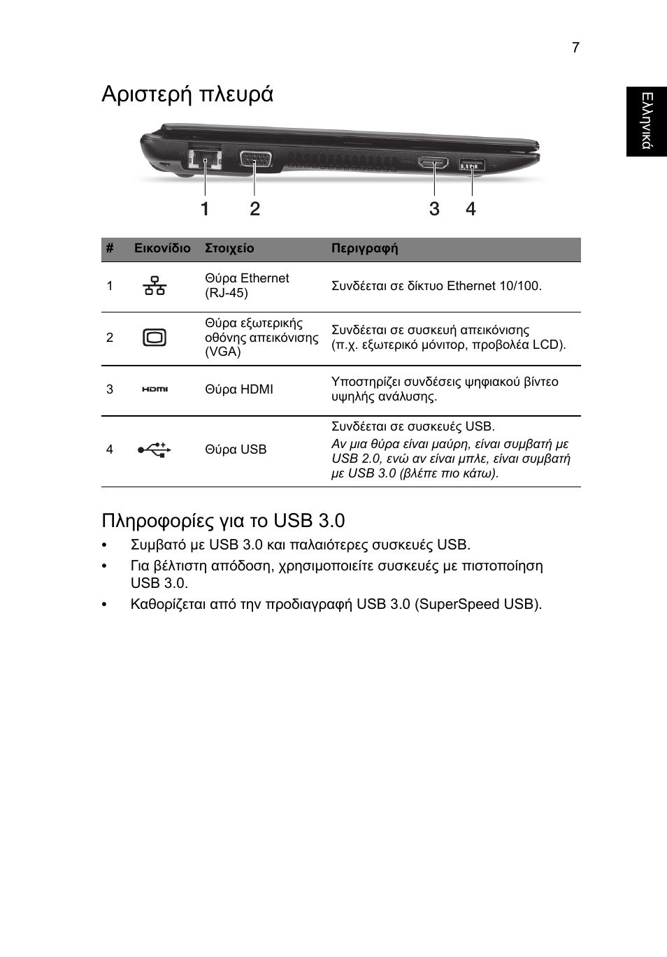 Αριστερή πλευρά, Πληροφορίες για το usb 3.0 | Acer AO756 User Manual | Page 219 / 282