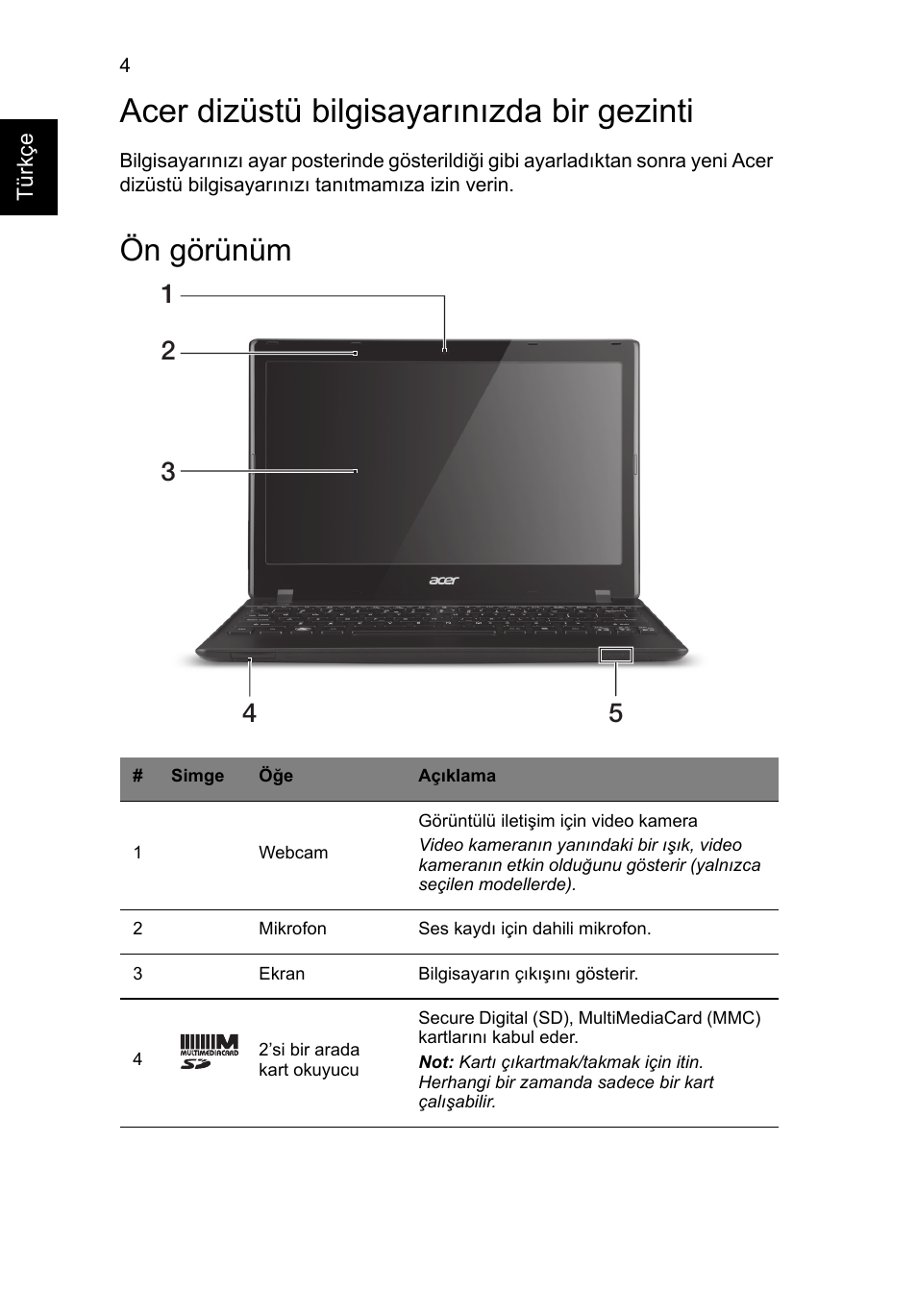Acer dizüstü bilgisayarınızda bir gezinti, Ön görünüm | Acer AO756 User Manual | Page 226 / 282