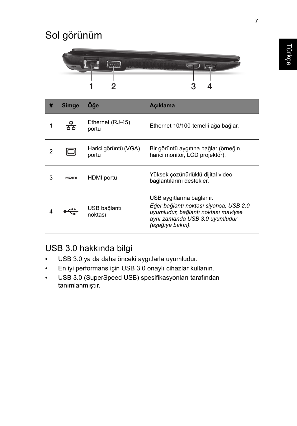 Sol görünüm, Usb 3.0 hakkında bilgi | Acer AO756 User Manual | Page 229 / 282