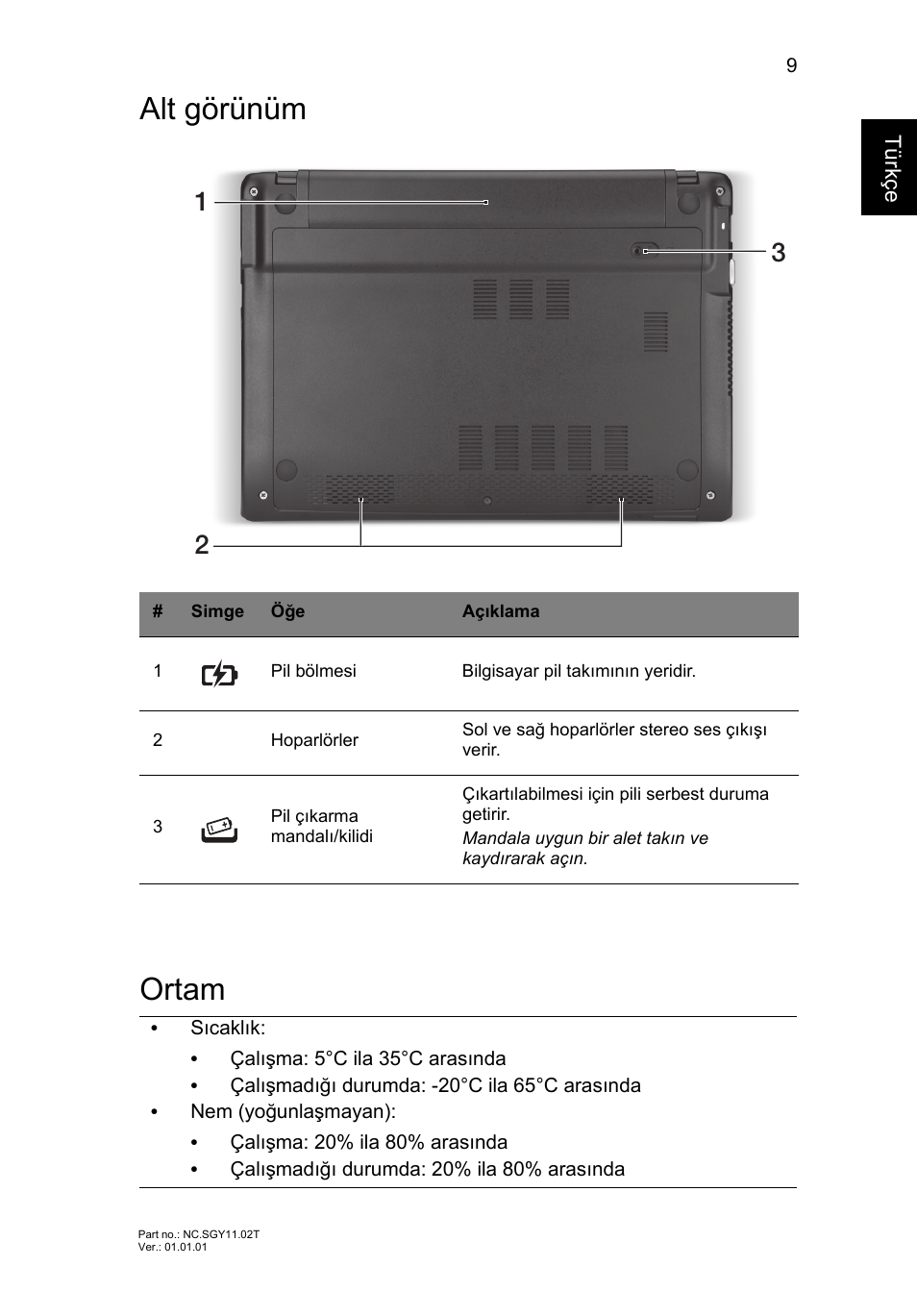 Alt görünüm, Ortam, Alt görünüm ortam | Acer AO756 User Manual | Page 231 / 282