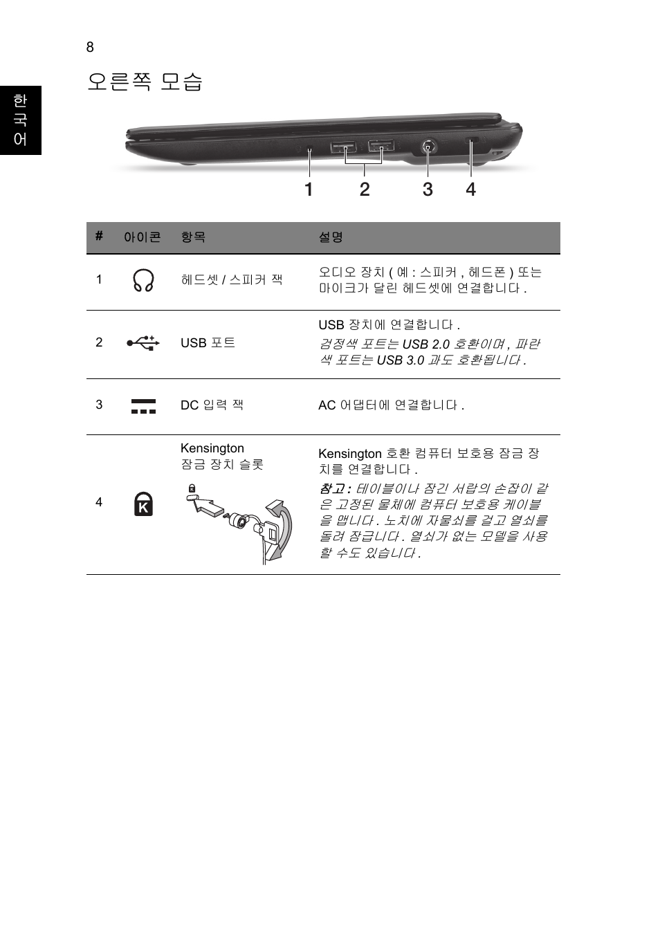 오른쪽 모습 | Acer AO756 User Manual | Page 240 / 282