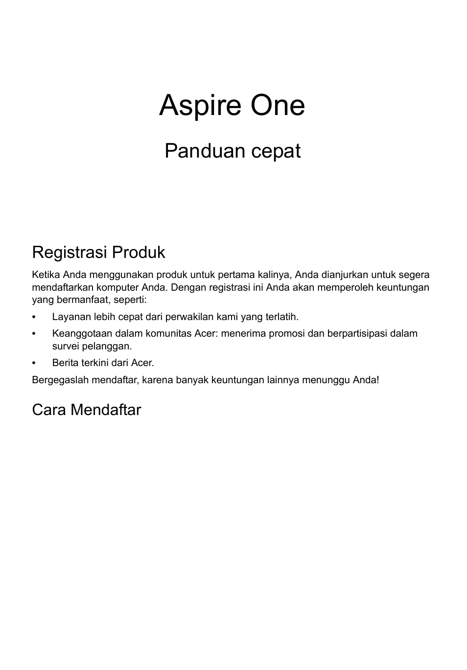 Bahasa indonesia, Registrasi produk, Cara mendaftar | Memperoleh aksesori acer, Aspire one, Panduan cepat | Acer AO756 User Manual | Page 263 / 282