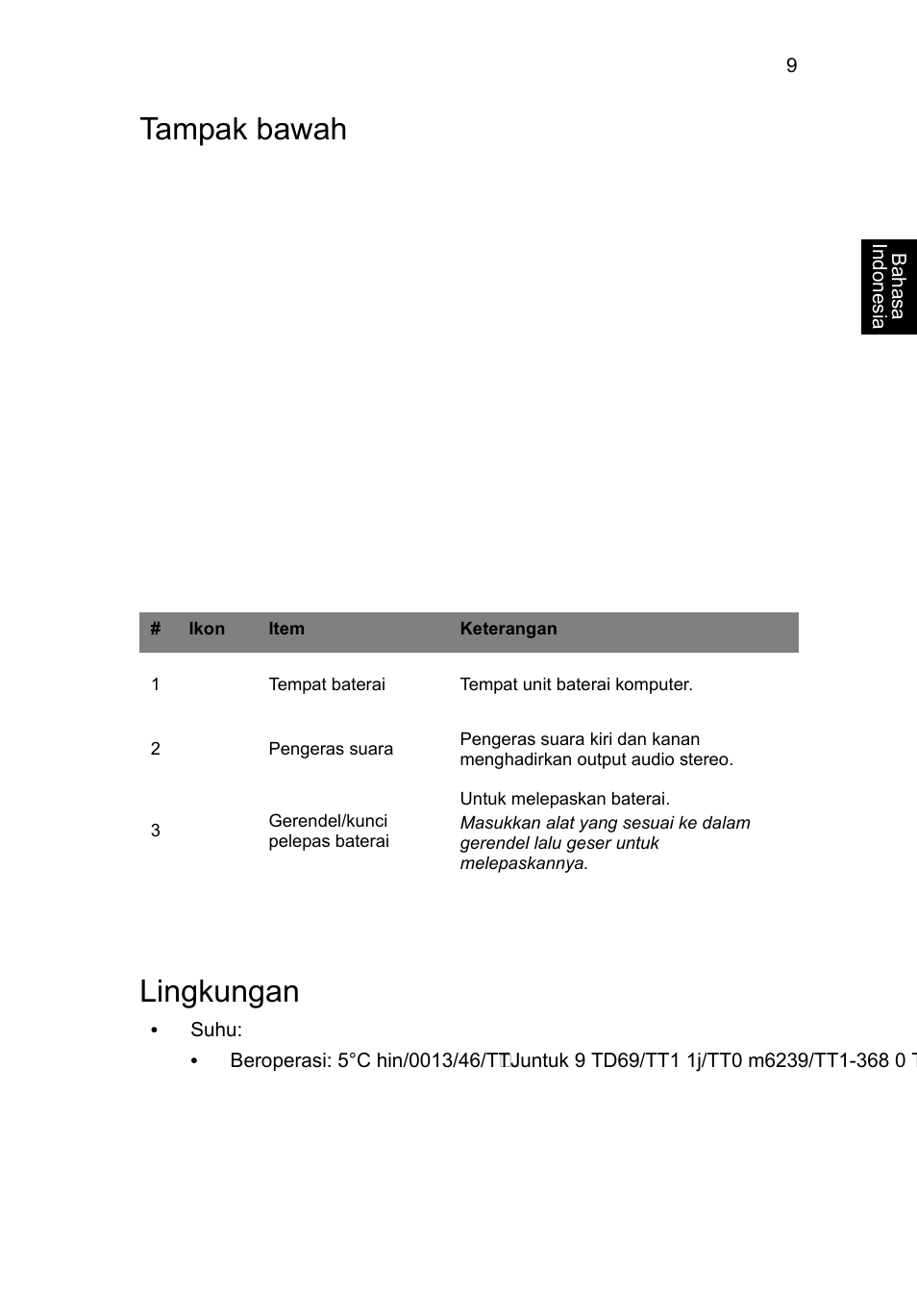 Tampak bawah, Lingkungan, Tampak bawah lingkungan | Acer AO756 User Manual | Page 271 / 282