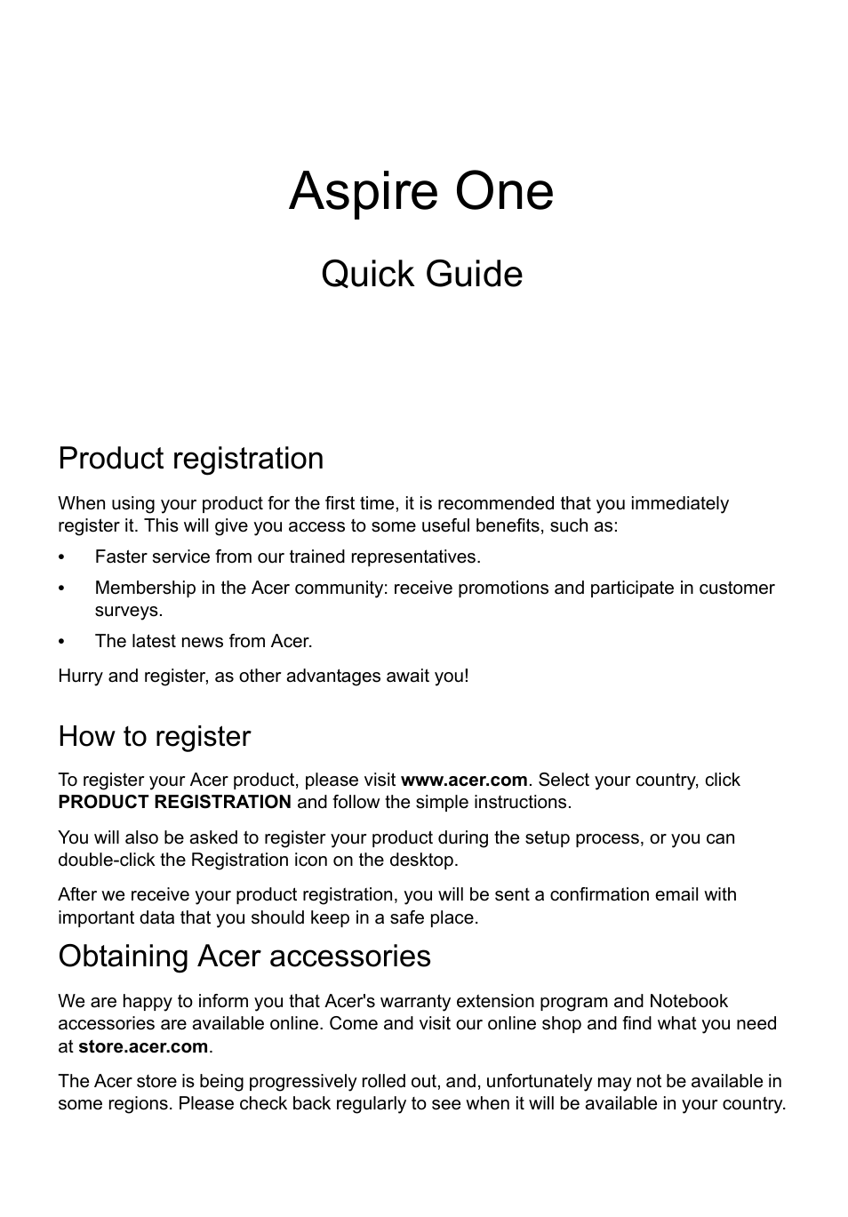 English, Product registration, How to register | Obtaining acer accessories, Aspire one, Quick guide | Acer AO756 User Manual | Page 3 / 282