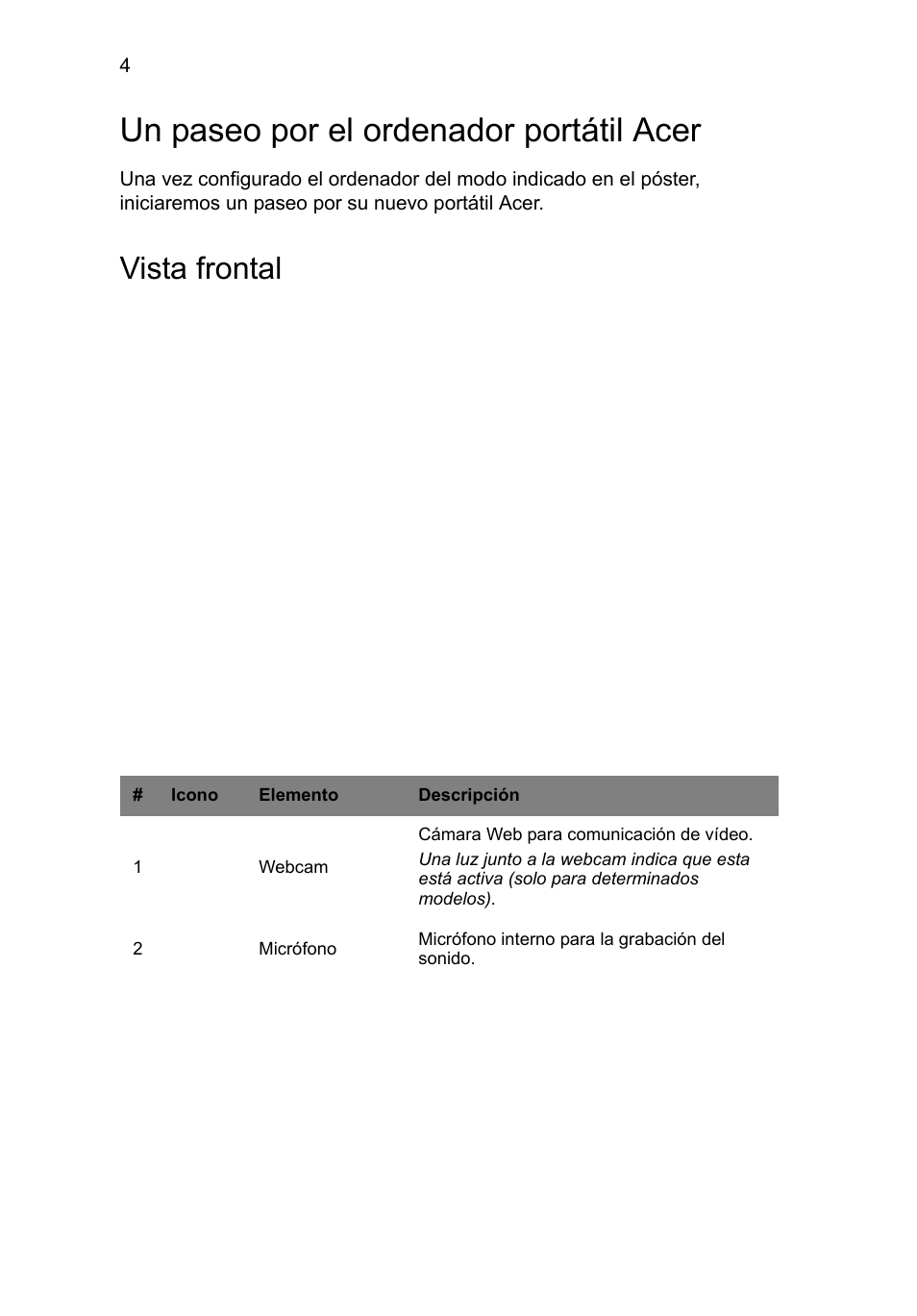 Un paseo por el ordenador portátil acer, Vista frontal | Acer AO756 User Manual | Page 46 / 282