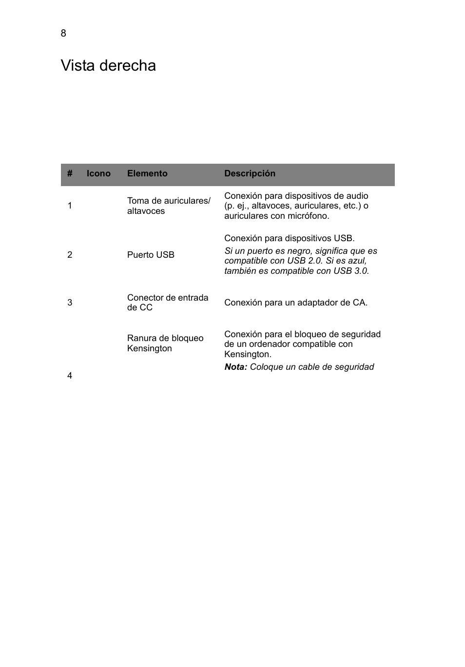 Vista derecha | Acer AO756 User Manual | Page 50 / 282