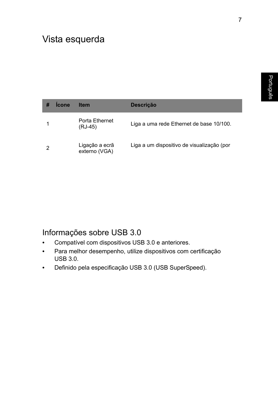 Vista esquerda, Informações sobre usb 3.0 | Acer AO756 User Manual | Page 59 / 282
