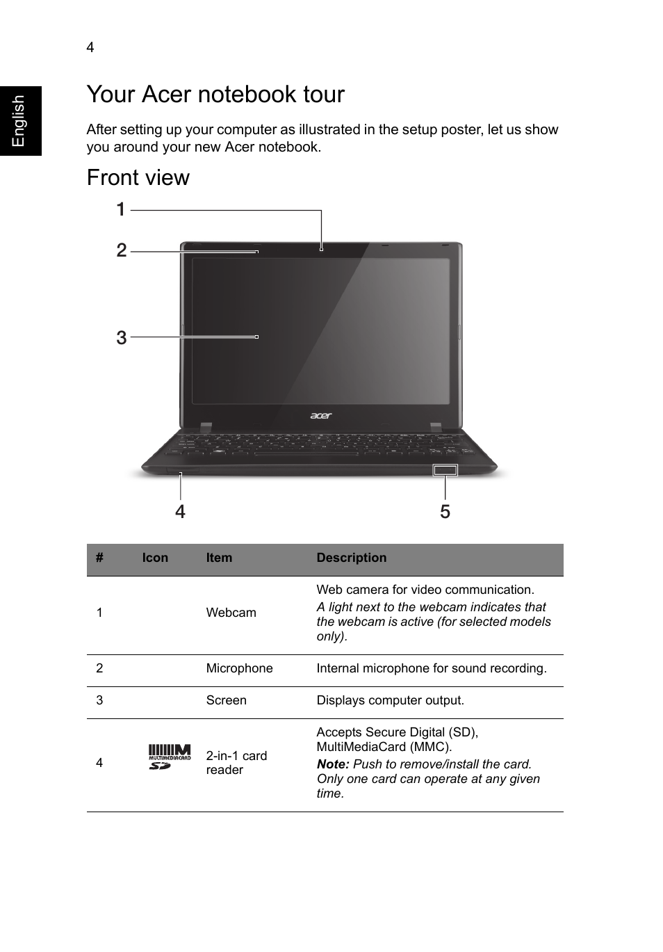 Your acer notebook tour, Front view | Acer AO756 User Manual | Page 6 / 282