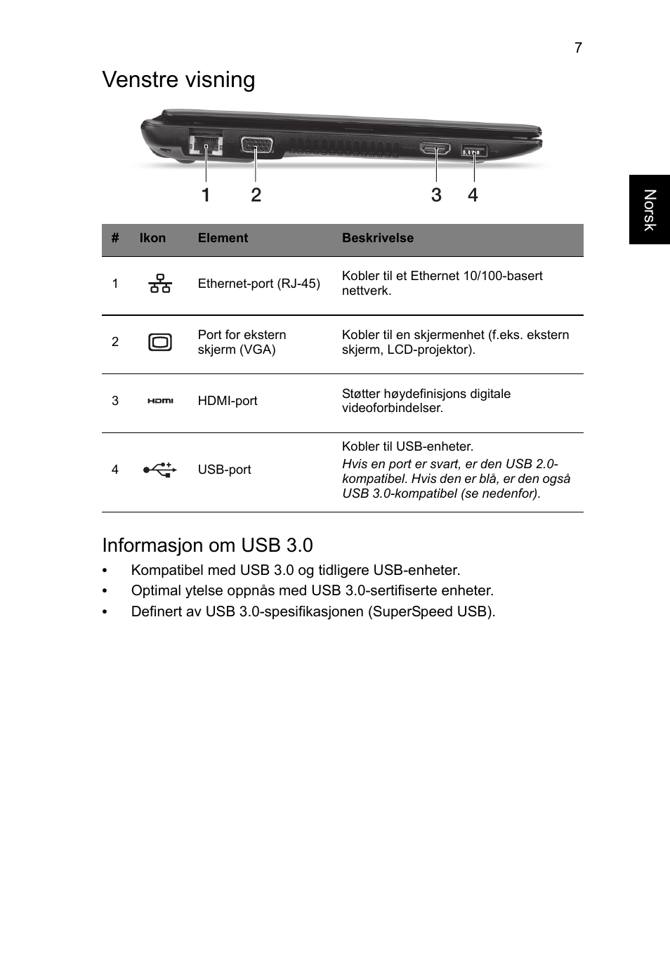 Venstre visning, Informasjon om usb 3.0 | Acer AO756 User Manual | Page 79 / 282