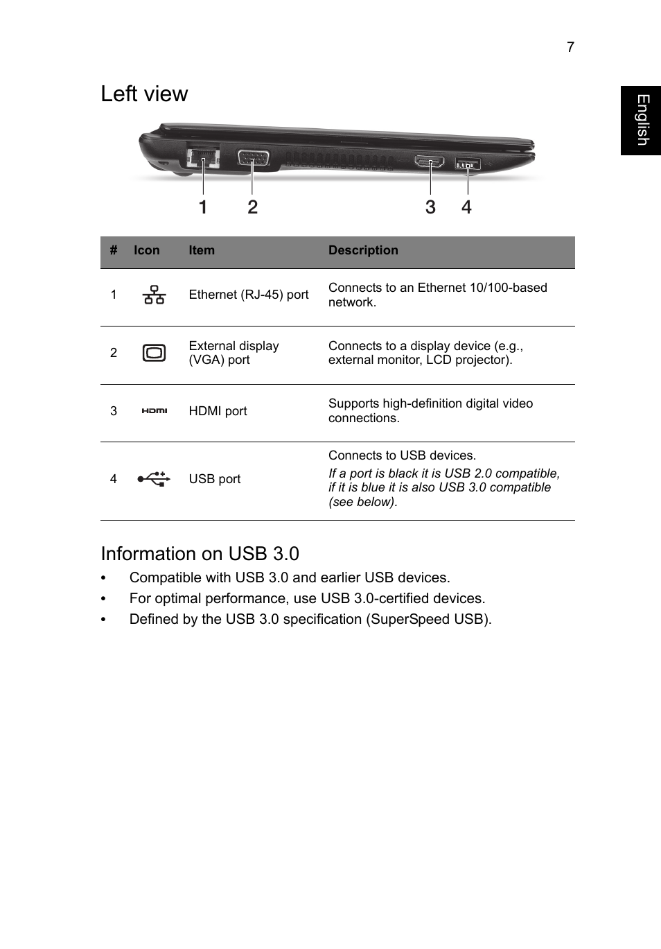 Left view, Information on usb 3.0 | Acer AO756 User Manual | Page 9 / 282