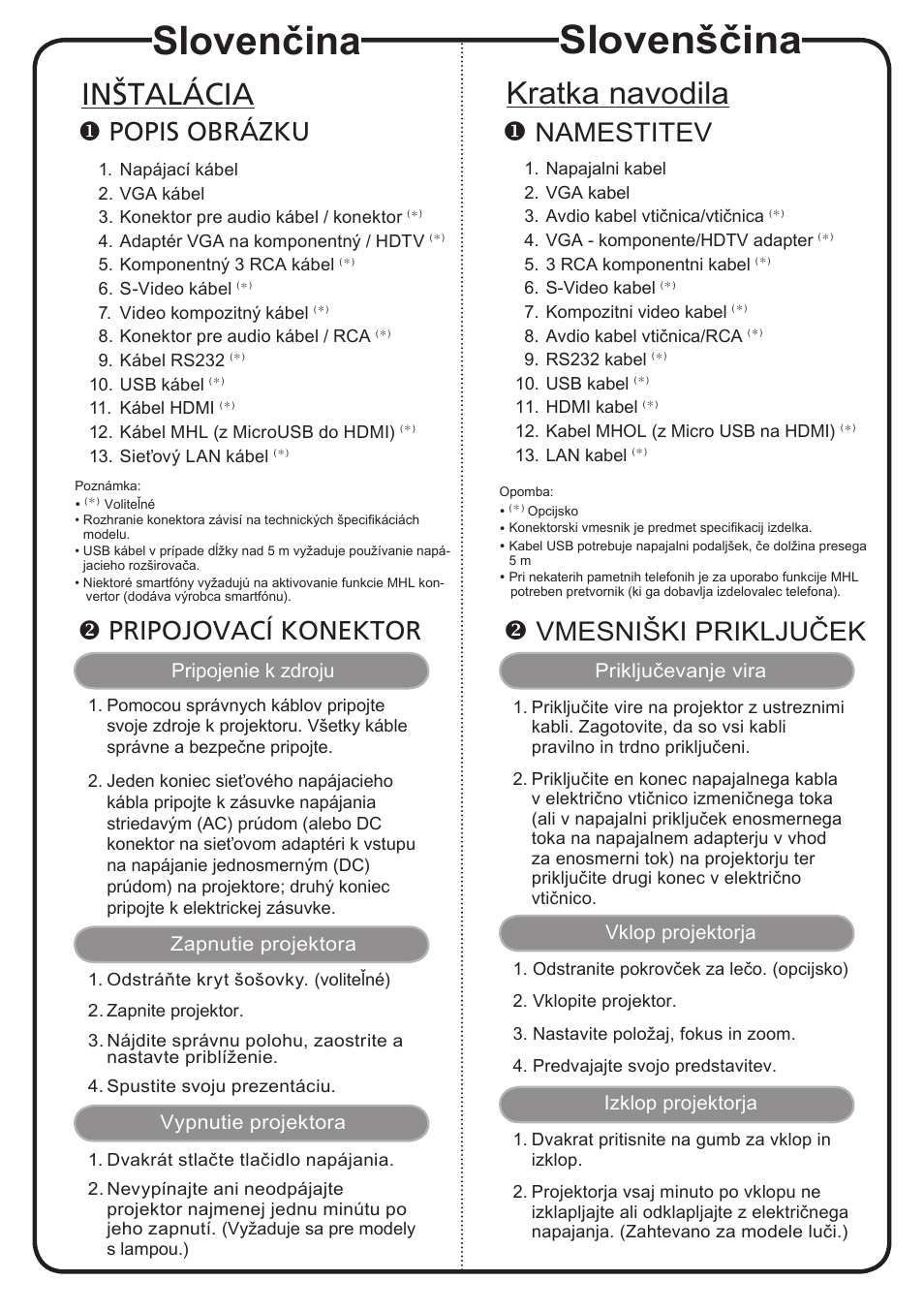 Slovenščina, Slovenčina, Kratka navodila | Inštalácia, Namestitev, Popis obrázku, Pripojovací konektor, Vmesniški priključek | Acer X113H User Manual | Page 11 / 18
