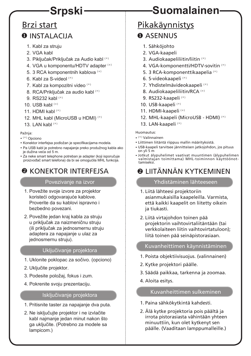 Suomalainen, Srpski, Pikakäynnistys | Brzi start, Asennus, Instalacija, Konektor interfejsa, Liitännän kytkeminen | Acer X113H User Manual | Page 12 / 18