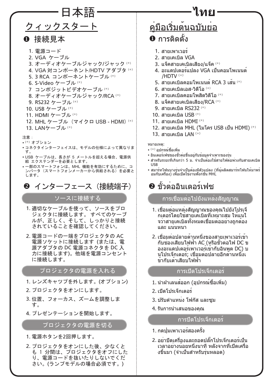 คู่มือเริ่มต้นฉบับย่อ, クィックスタート, การติดตั้ง | 接続見本, インターフェース（接続端子, ขั้วต่ออินเตอร์เฟซ | Acer X113H User Manual | Page 15 / 18