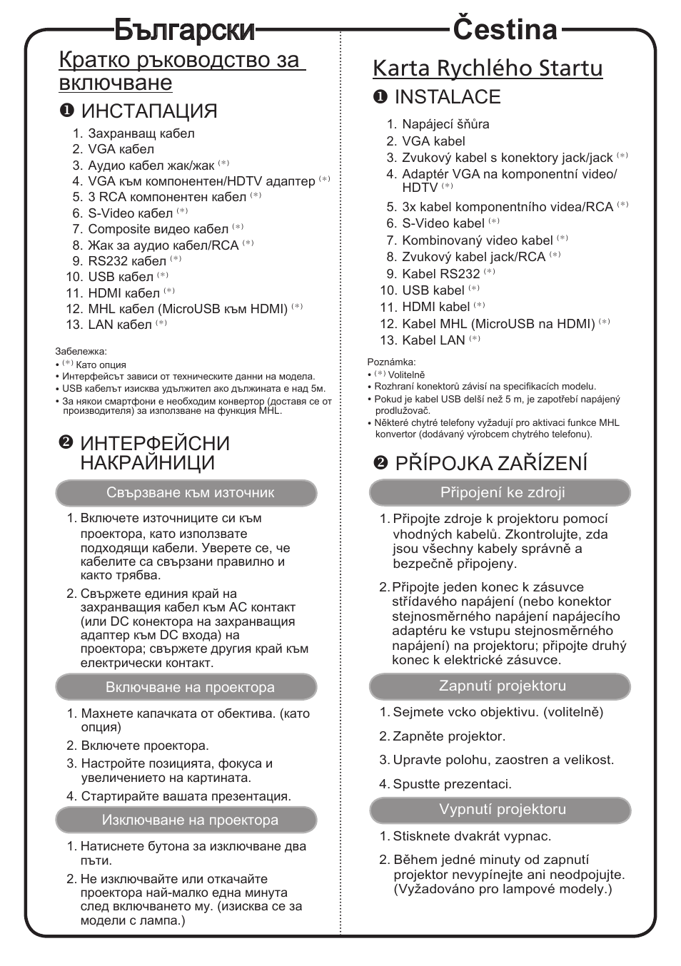 Čestina, Български, Karta rychlého startu | Кратко ръководство за включване, Instalace, Иhctaпaция, Интерфейсни накрайници, Přípojka zařízení | Acer X113H User Manual | Page 3 / 18