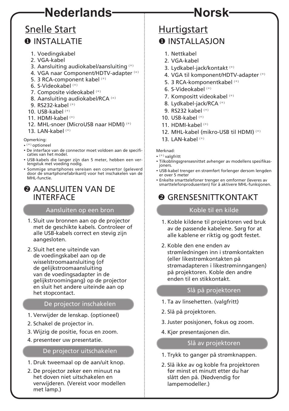 Nederlands, Norsk, Snelle start | Hurtigstart, Installatie, Installasjon, Aansluiten van de interface, Grensesnittkontakt | Acer X113H User Manual | Page 8 / 18