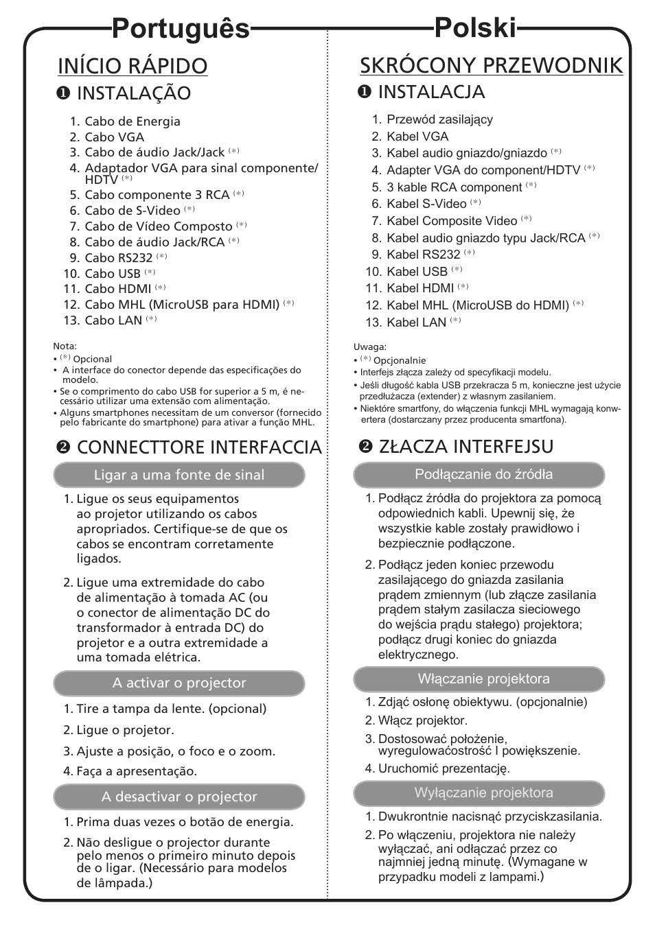 Português, Polski, Início rápido | Skrócony przewodnik, Instalação, Instalacja, Connecttore interfaccia, Złacza interfejsu | Acer X113H User Manual | Page 9 / 18