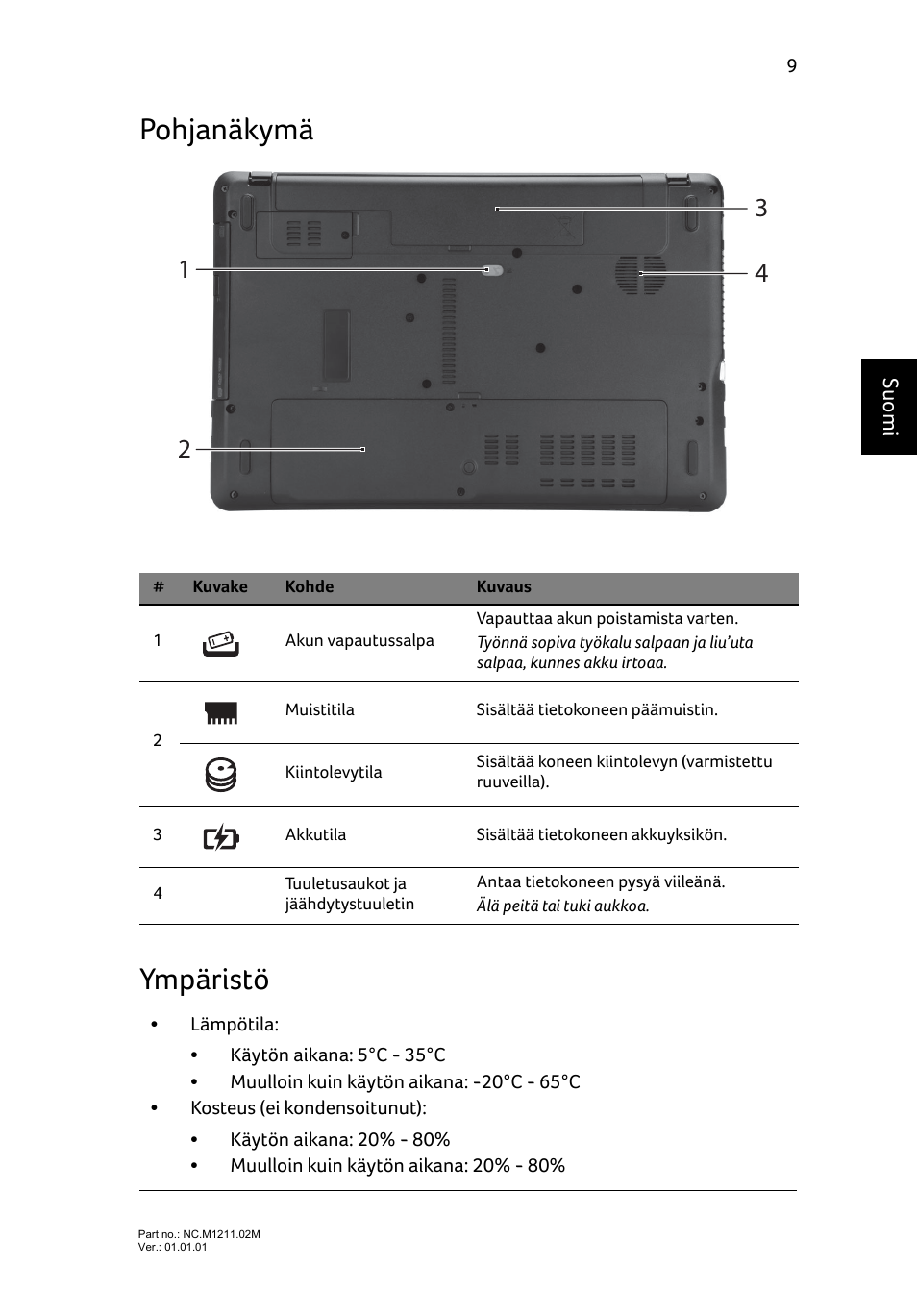 Pohjanäkymä, Ympäristö, Pohjanäkymä ympäristö | Acer Aspire E1-531 User Manual | Page 117 / 308