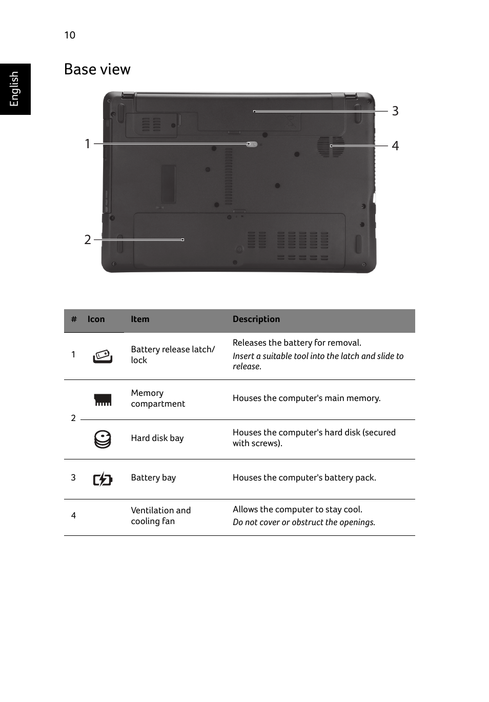 Base view | Acer Aspire E1-531 User Manual | Page 12 / 308