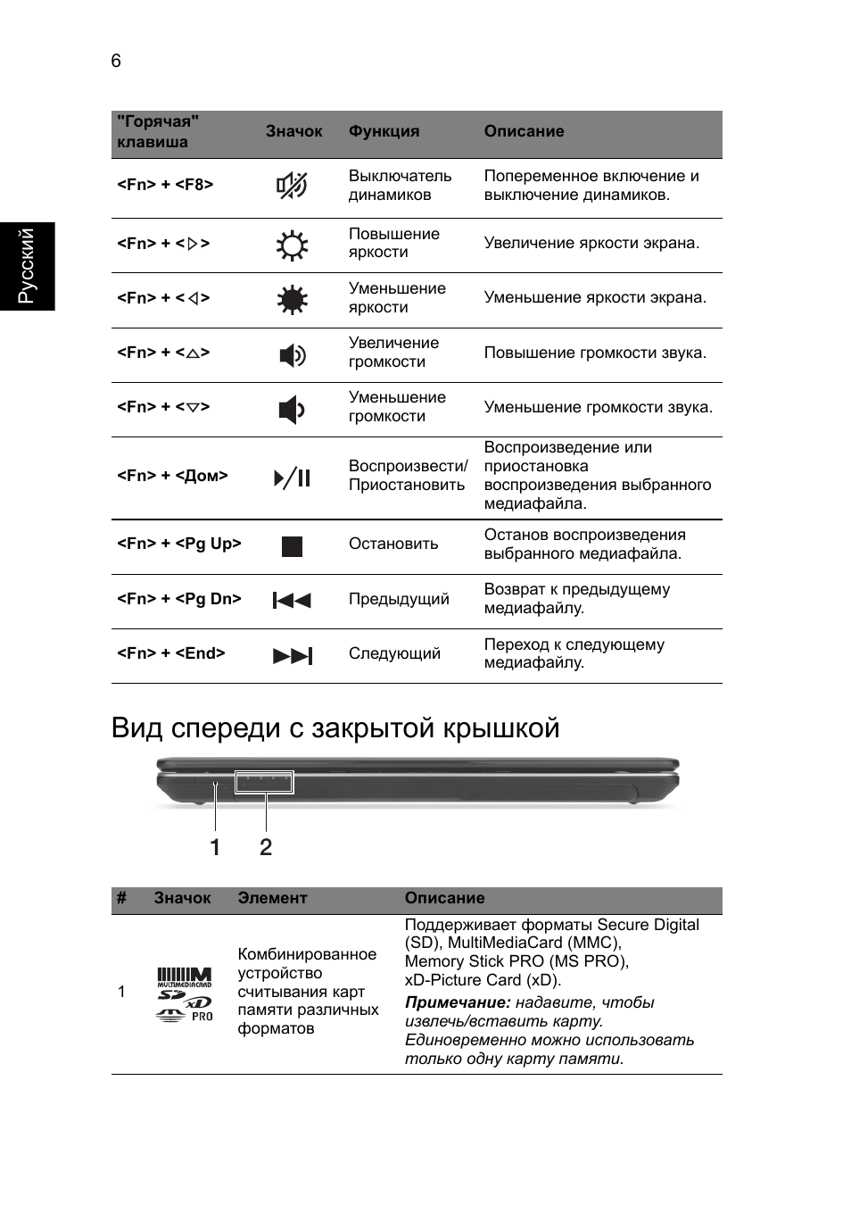 Вид спереди с закрытой крышкой | Acer Aspire E1-531 User Manual | Page 124 / 308