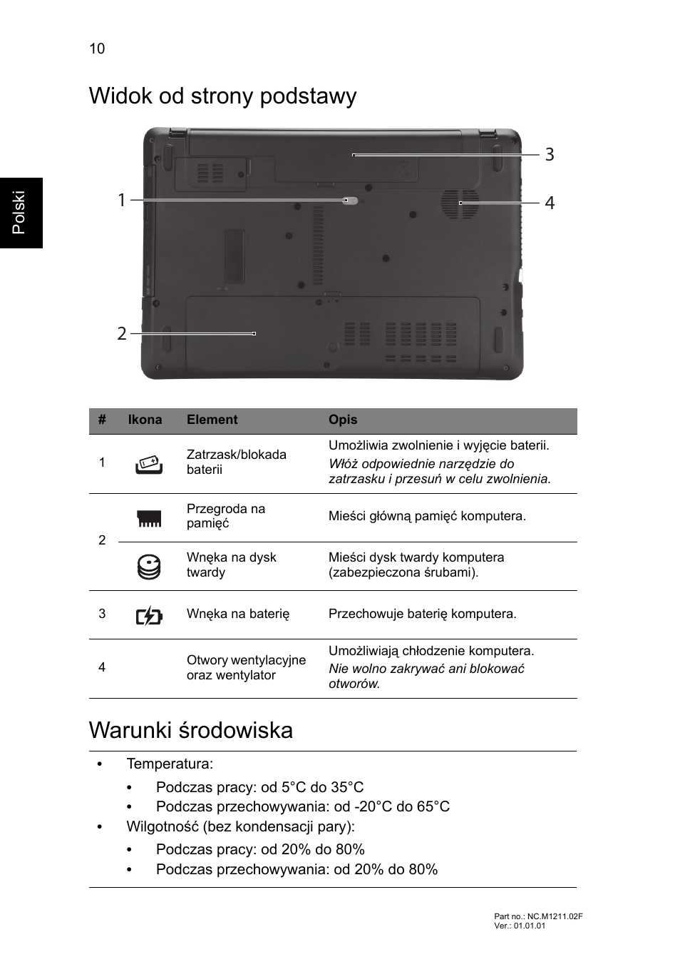 Widok od strony podstawy, Warunki środowiska, Widok od strony podstawy warunki środowiska | Acer Aspire E1-531 User Manual | Page 138 / 308