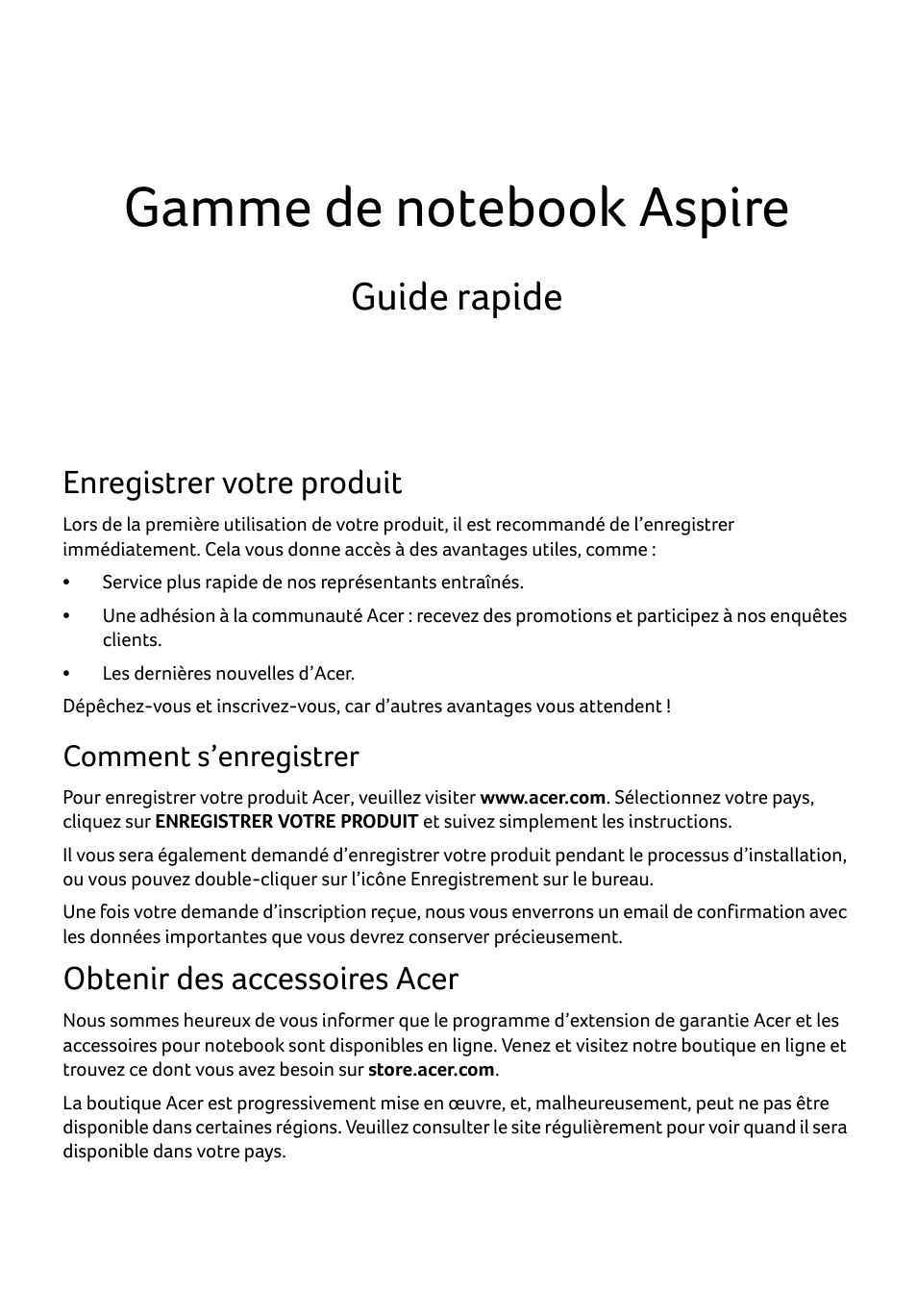 Français, Enregistrer votre produit, Comment s’enregistrer | Obtenir des accessoires acer, Guide rapide | Acer Aspire E1-531 User Manual | Page 15 / 308