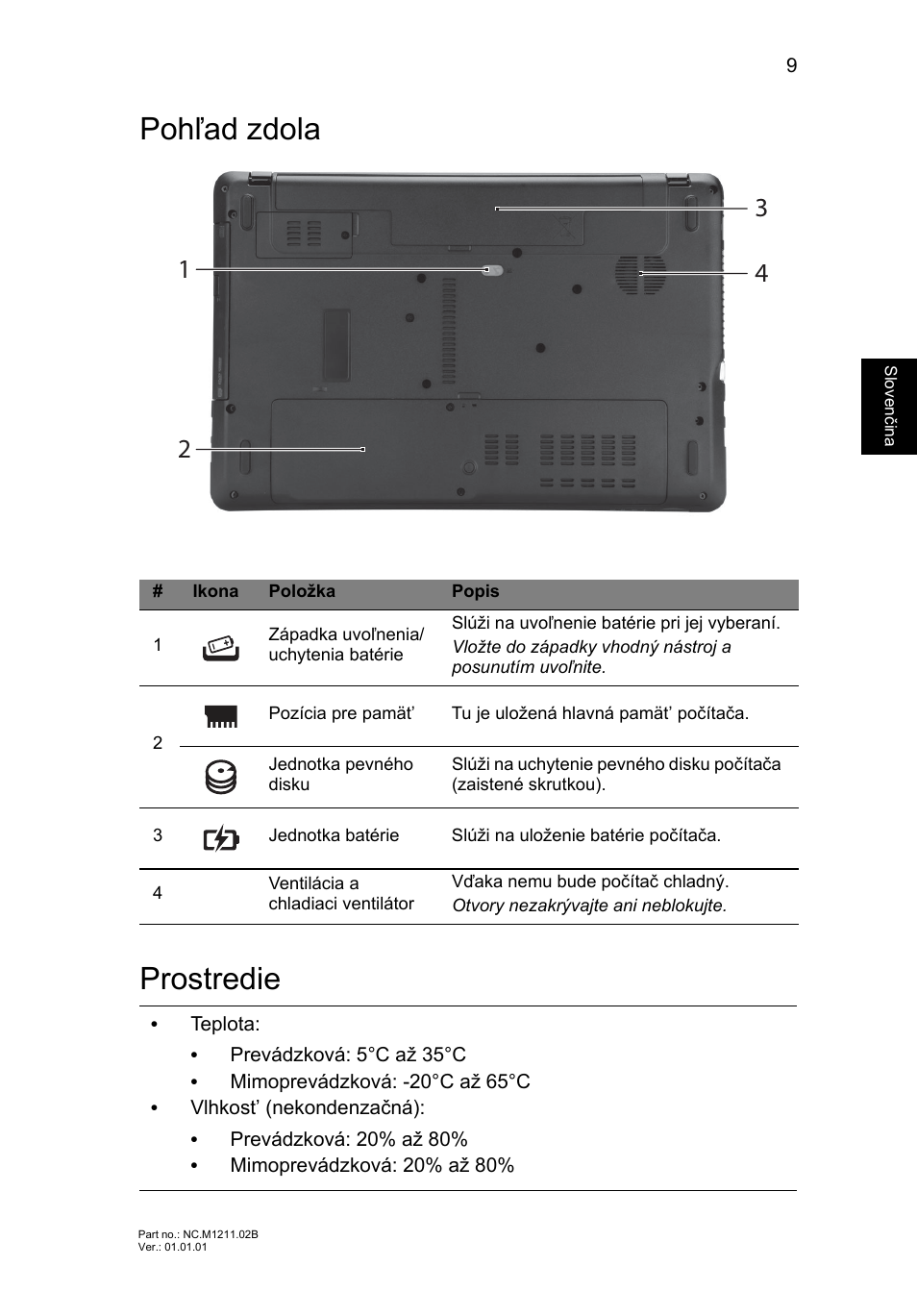 Pohľad zdola, Prostredie, Pohľad zdola prostredie | Acer Aspire E1-531 User Manual | Page 167 / 308