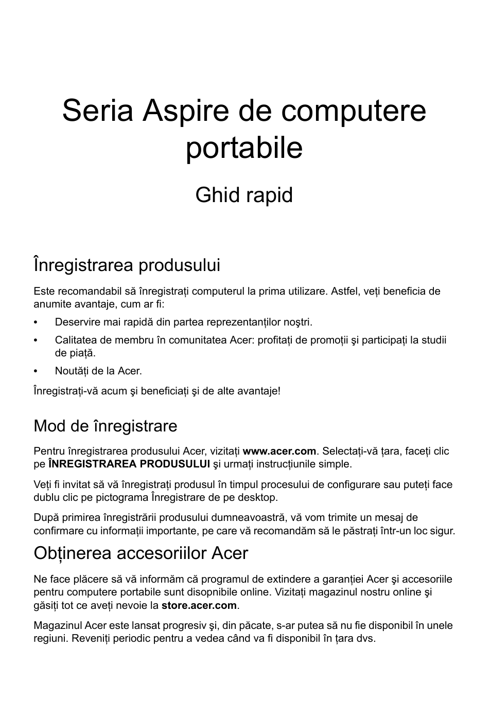 Română, Înregistrarea produsului, Mod de înregistrare | Obţinerea accesoriilor acer, Seria aspire de computere portabile, Ghid rapid | Acer Aspire E1-531 User Manual | Page 189 / 308