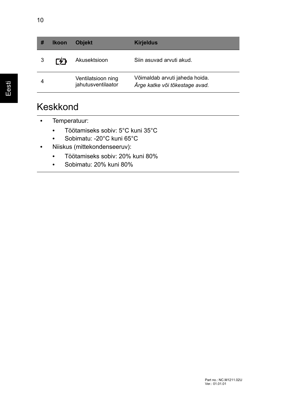 Keskkond | Acer Aspire E1-531 User Manual | Page 218 / 308