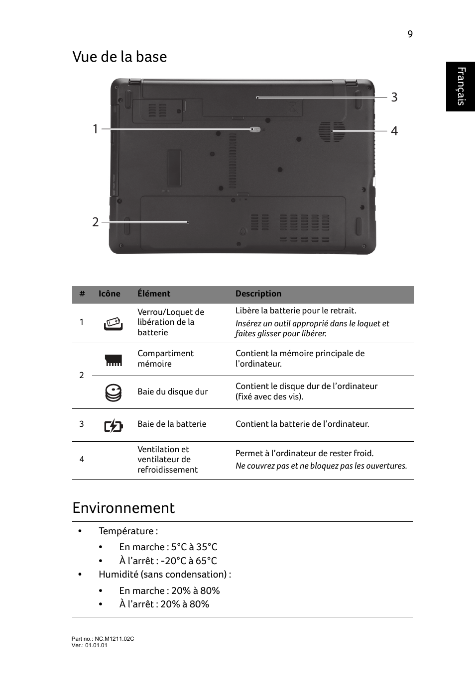 Vue de la base, Environnement, Vue de la base environnement | Français | Acer Aspire E1-531 User Manual | Page 23 / 308