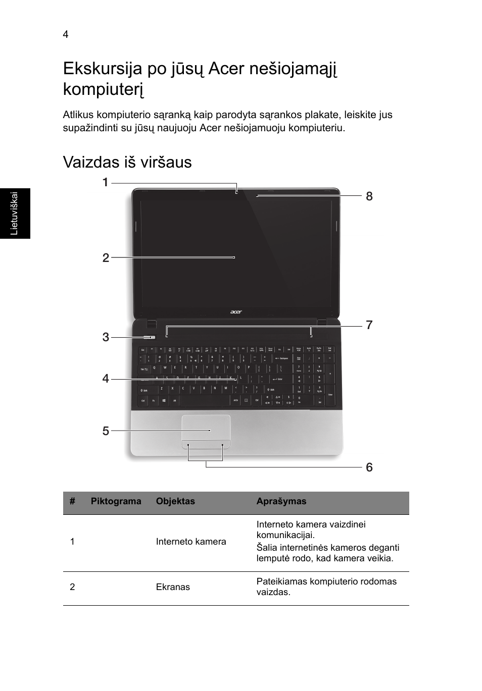 Ekskursija po jūsų acer nešiojamąjį kompiuterį, Vaizdas iš viršaus | Acer Aspire E1-531 User Manual | Page 232 / 308