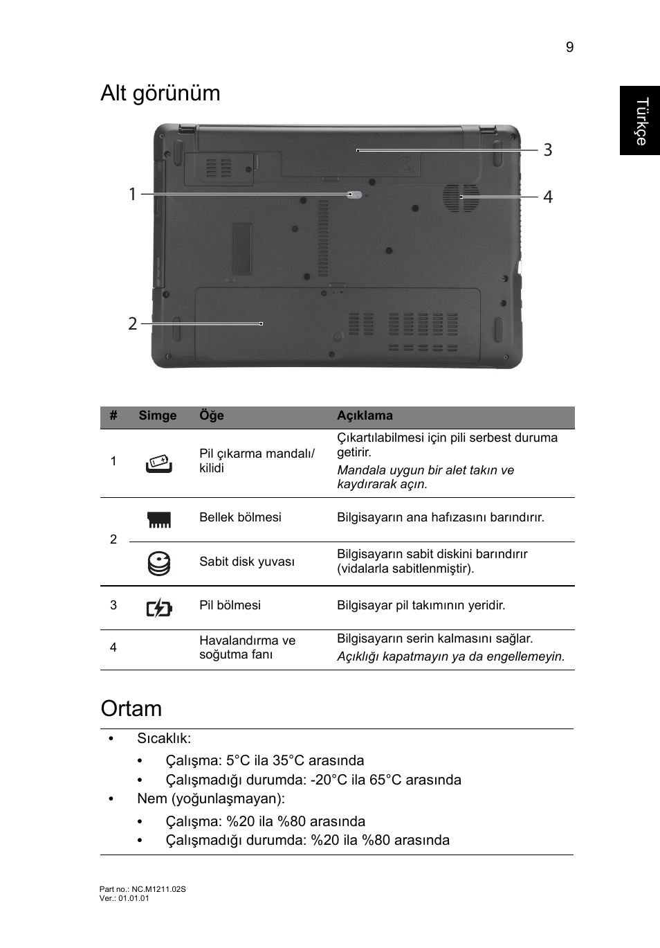 Alt görünüm, Ortam, Alt görünüm ortam | Acer Aspire E1-531 User Manual | Page 257 / 308