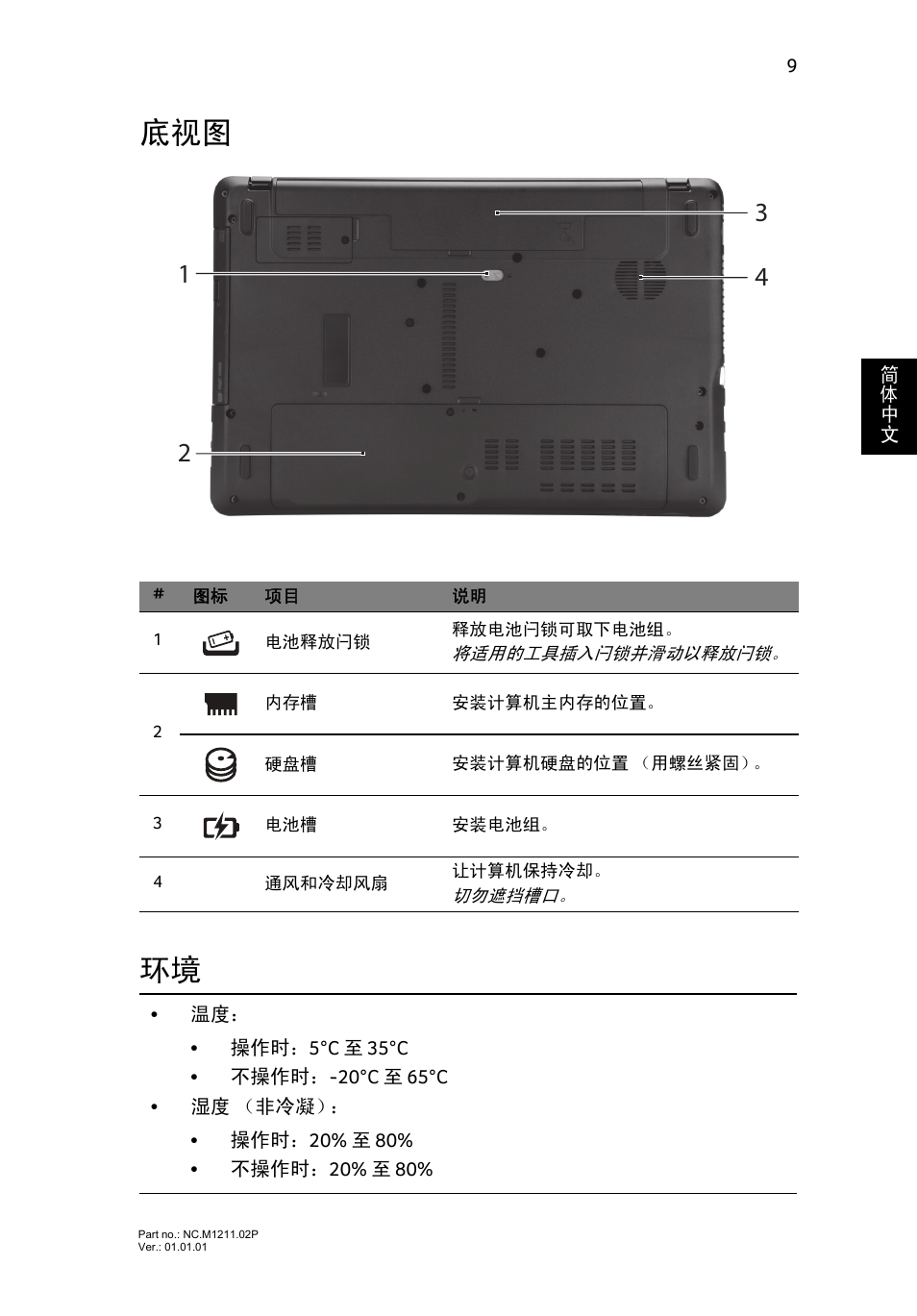 底视图 环境 | Acer Aspire E1-531 User Manual | Page 287 / 308