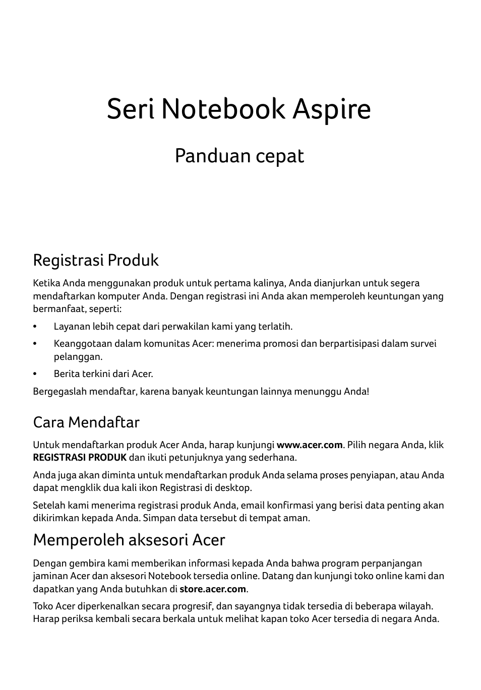 Bahasa indonesia, Registrasi produk, Cara mendaftar | Memperoleh aksesori acer, Panduan cepat | Acer Aspire E1-531 User Manual | Page 289 / 308