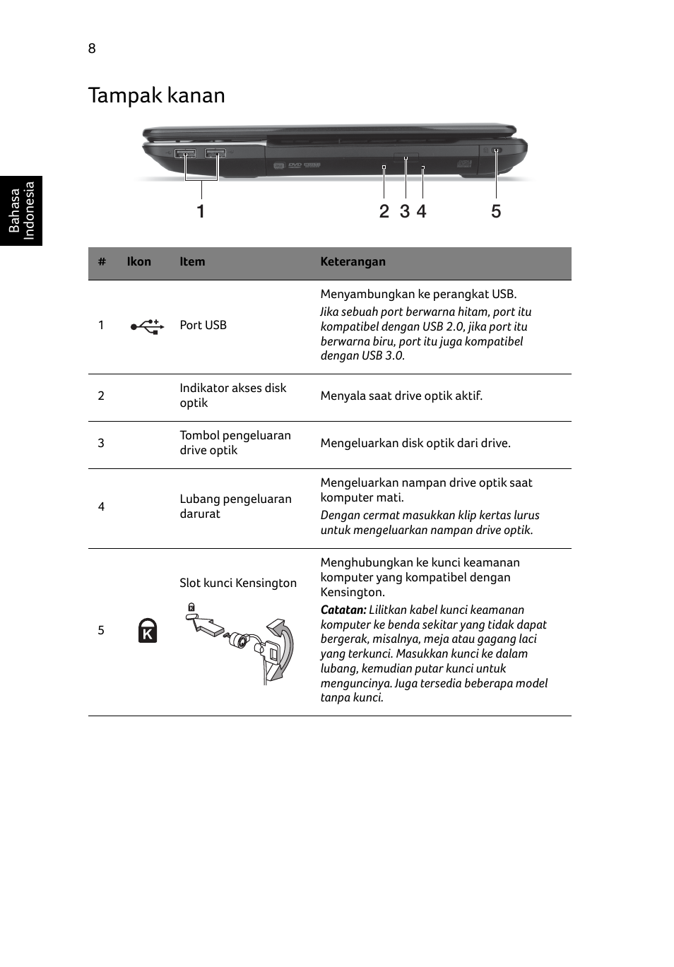 Tampak kanan | Acer Aspire E1-531 User Manual | Page 296 / 308