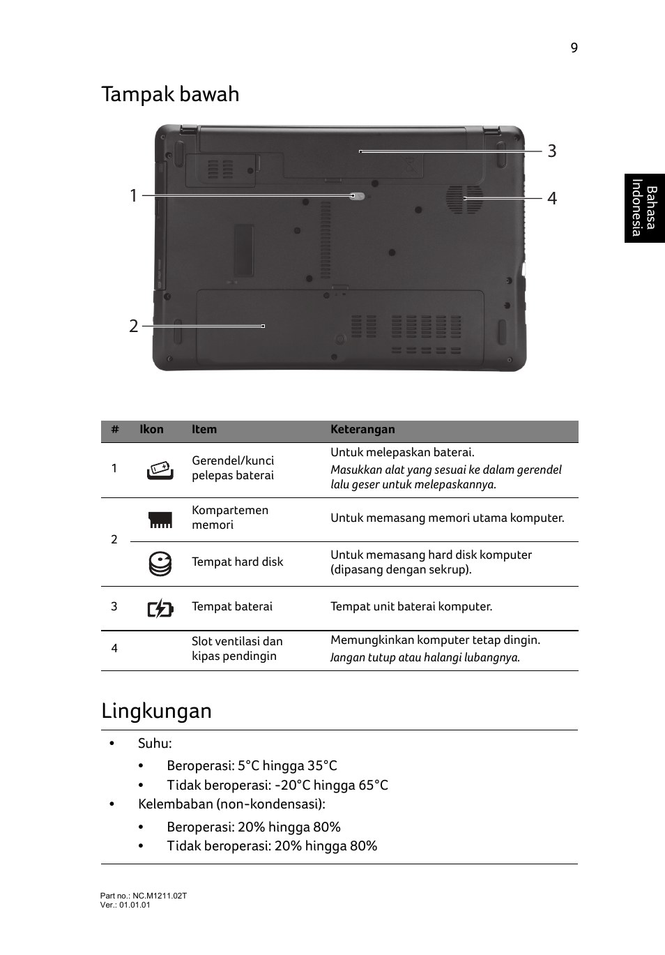 Tampak bawah, Lingkungan, Tampak bawah lingkungan | Acer Aspire E1-531 User Manual | Page 297 / 308